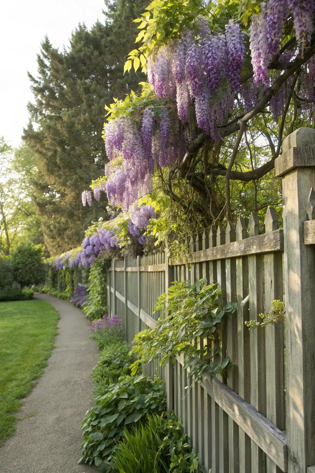 Climbing plants create a natural and enchanting fence decor.