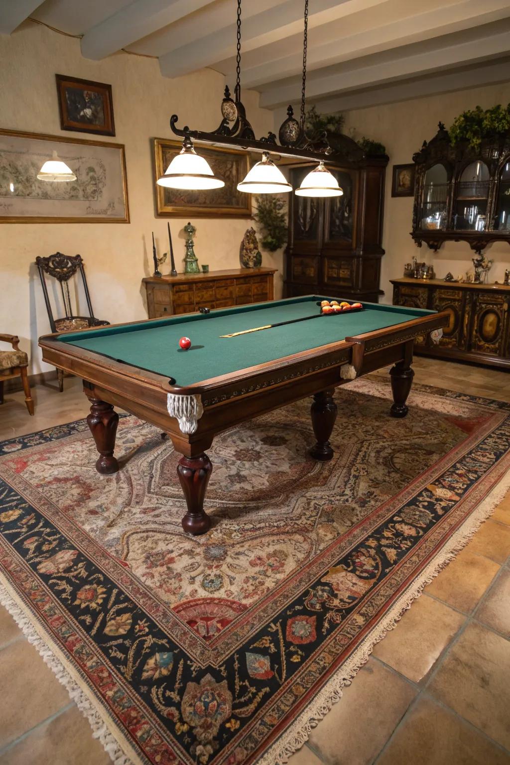 A classic Oriental rug adds timeless elegance to your game room.