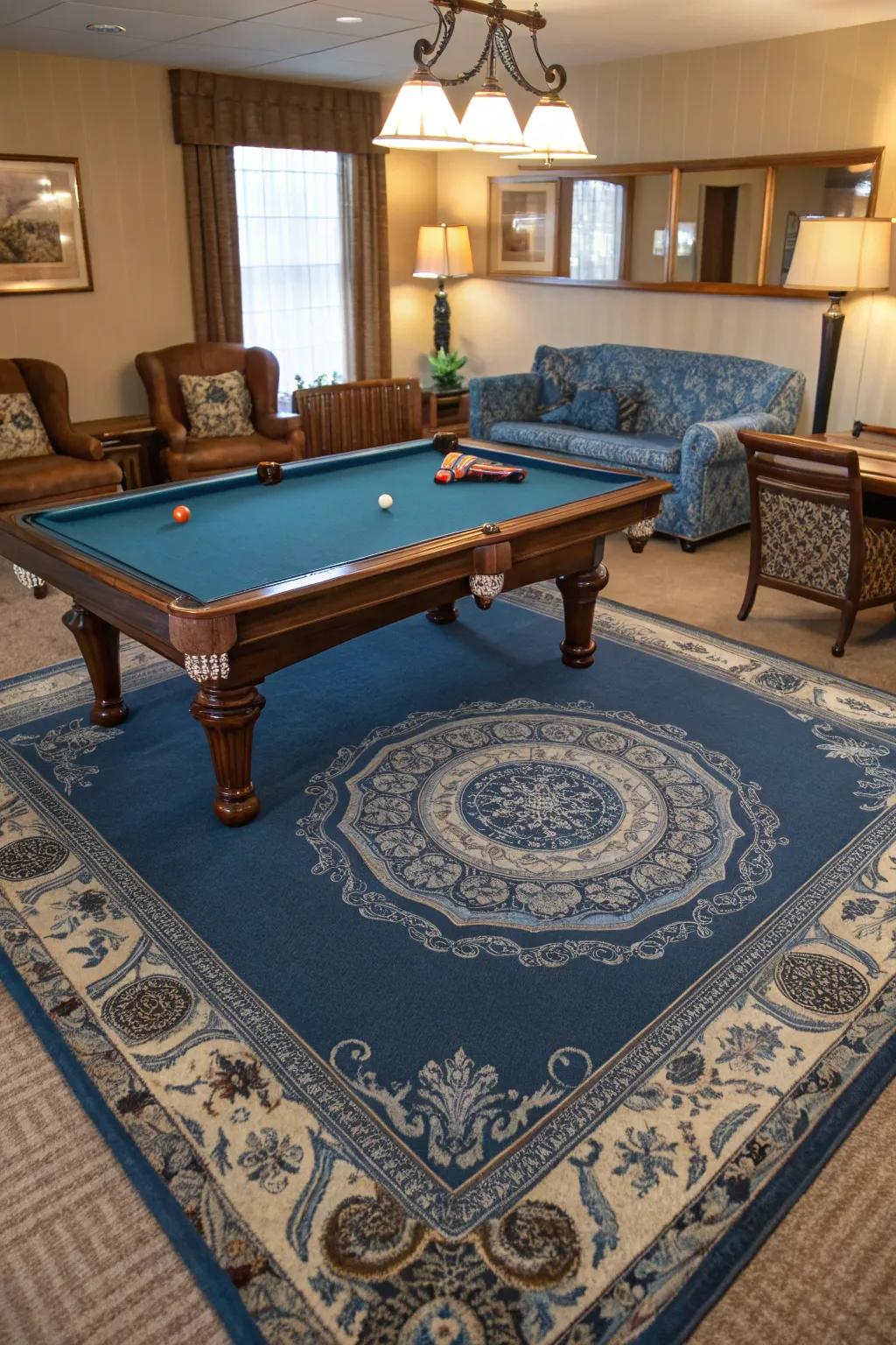 Embrace vintage charm with a medallion rug beneath your pool table.