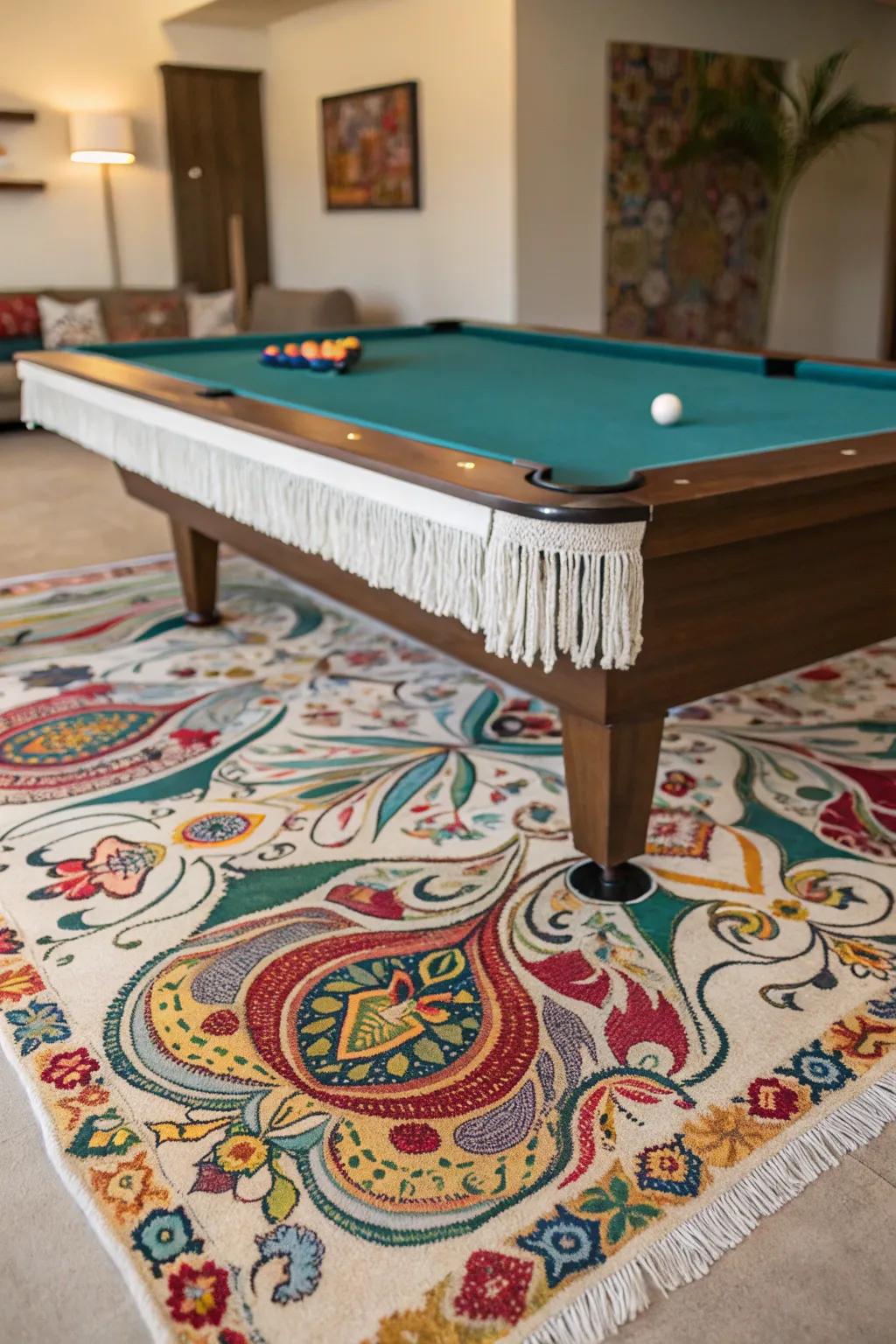 A bohemian rug adds artistic flair to your pool table area.