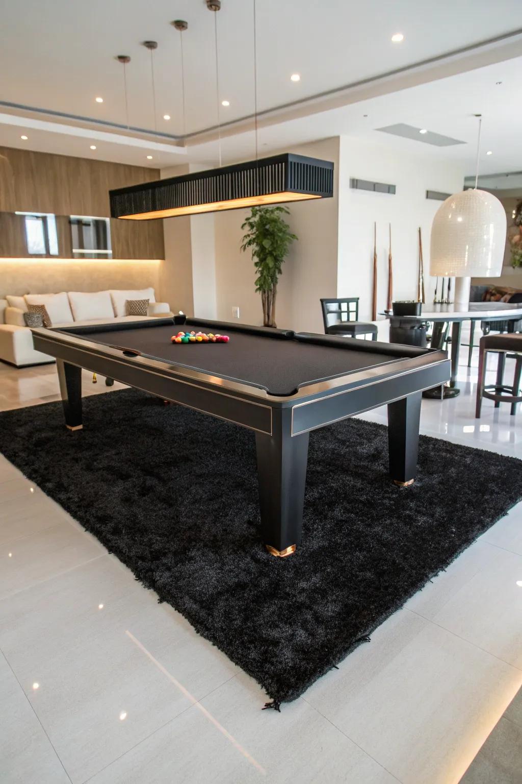 A glossy black rug adds contemporary sophistication to your game room.