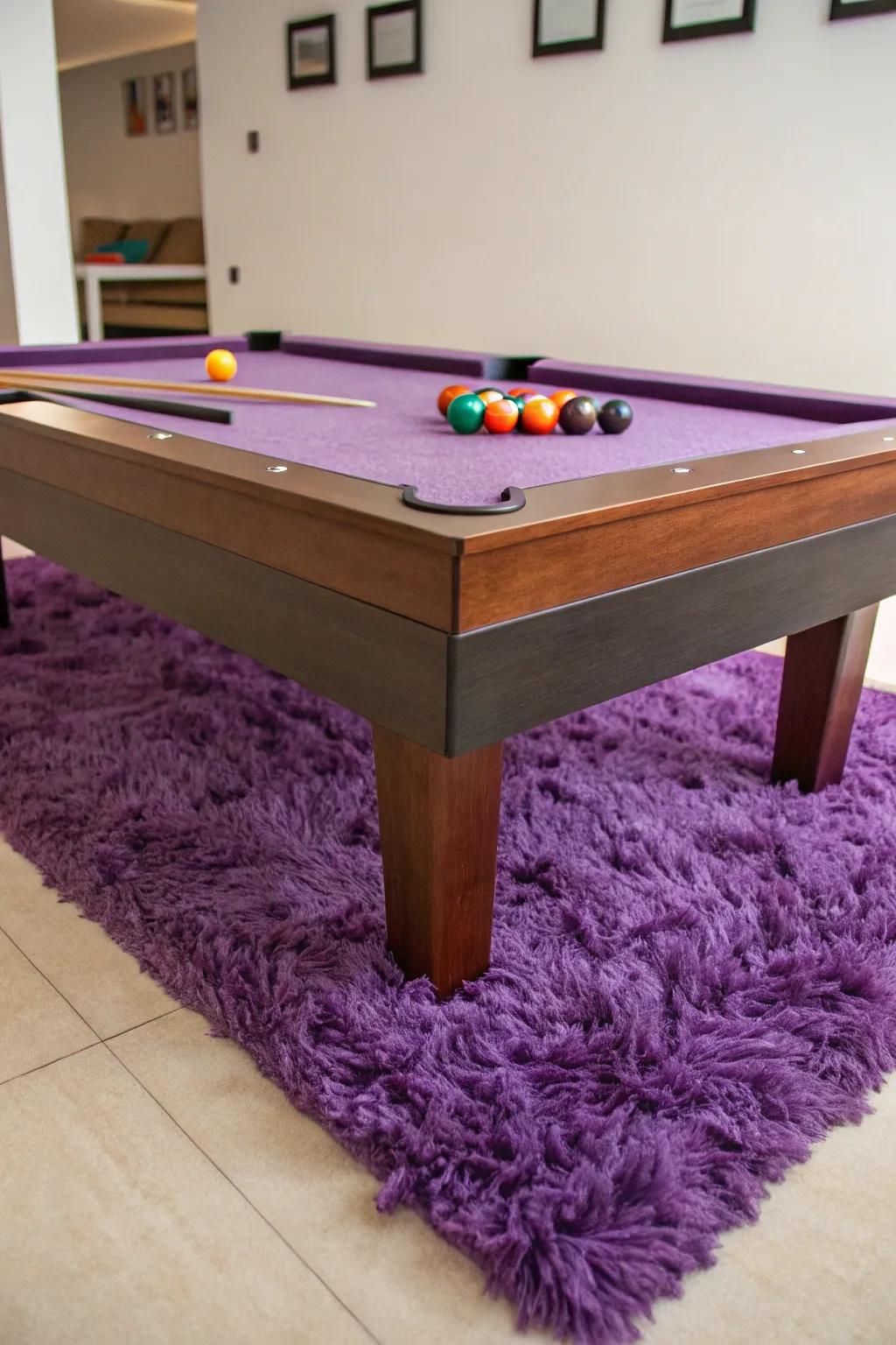 A purple shag rug offers comfort and style beneath your pool table.