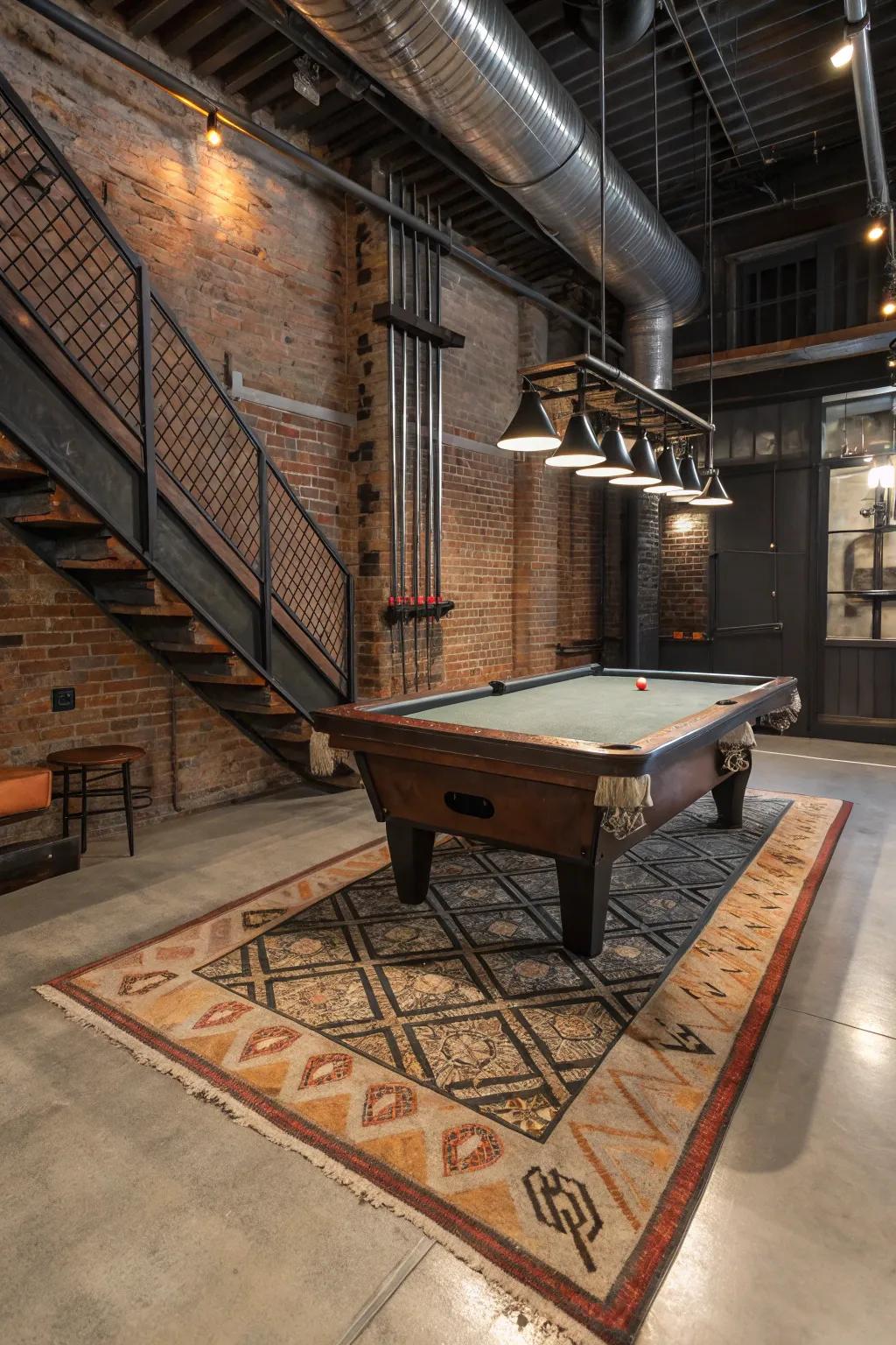 An industrial rug adds rugged charm to your game area.