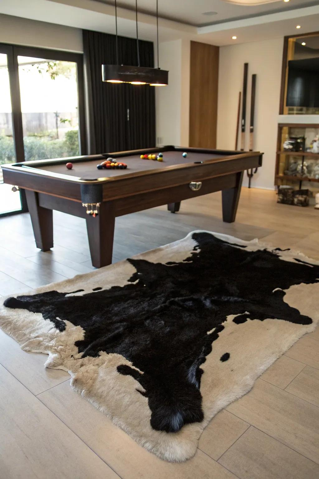 A cowhide rug adds a luxurious and unique texture to your setup.