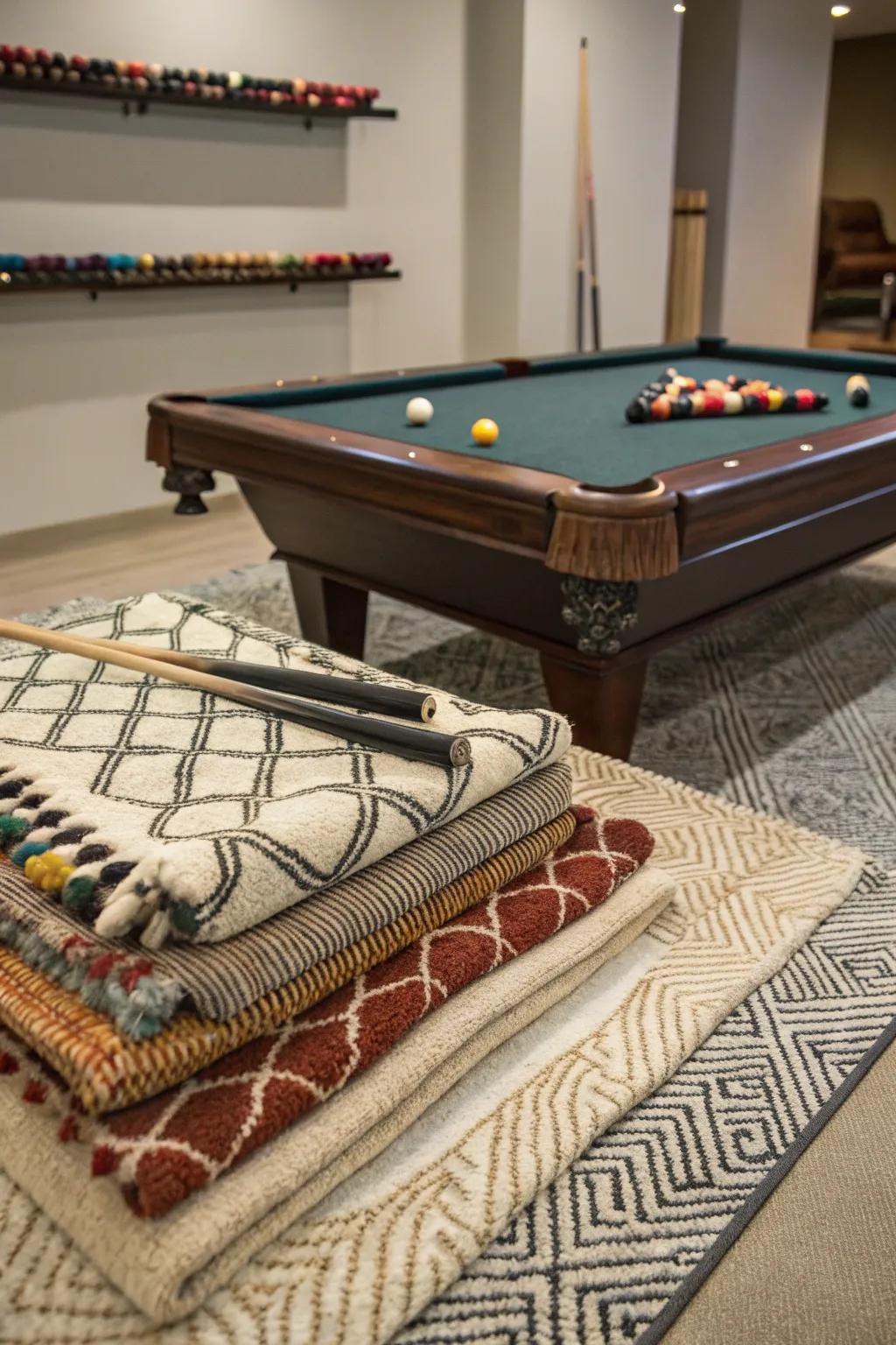 Layered rugs add texture and warmth to your pool table setup.
