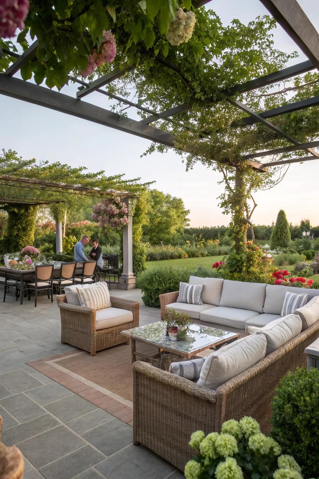 Design a patio that invites relaxation with built-in seating.