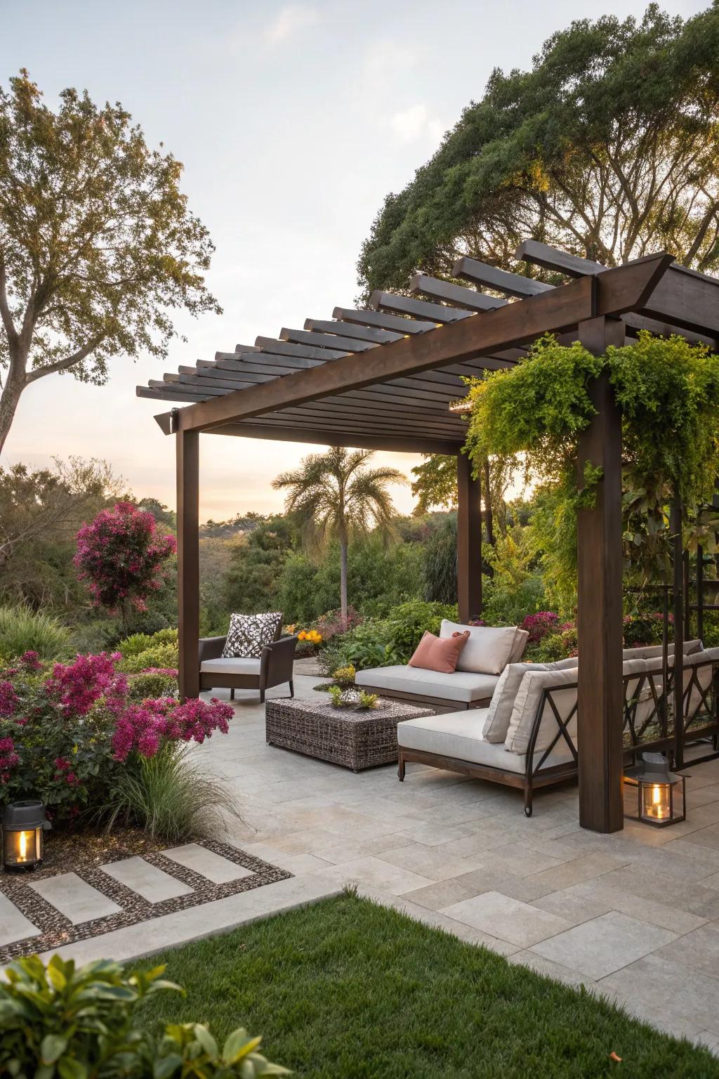 Design a tranquil relaxation zone with shade and comfort.