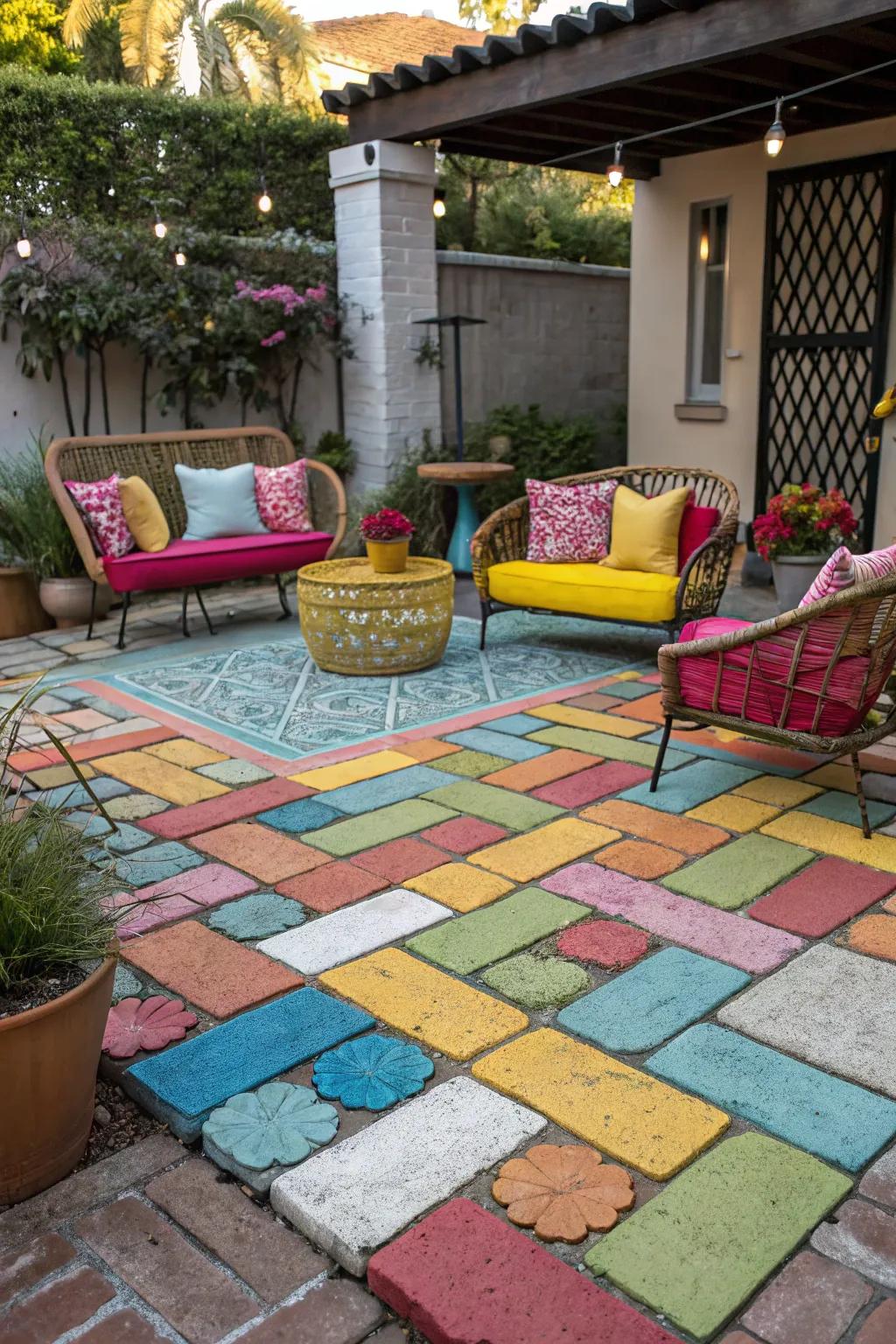 Add personality to your patio with colorful paver patterns.