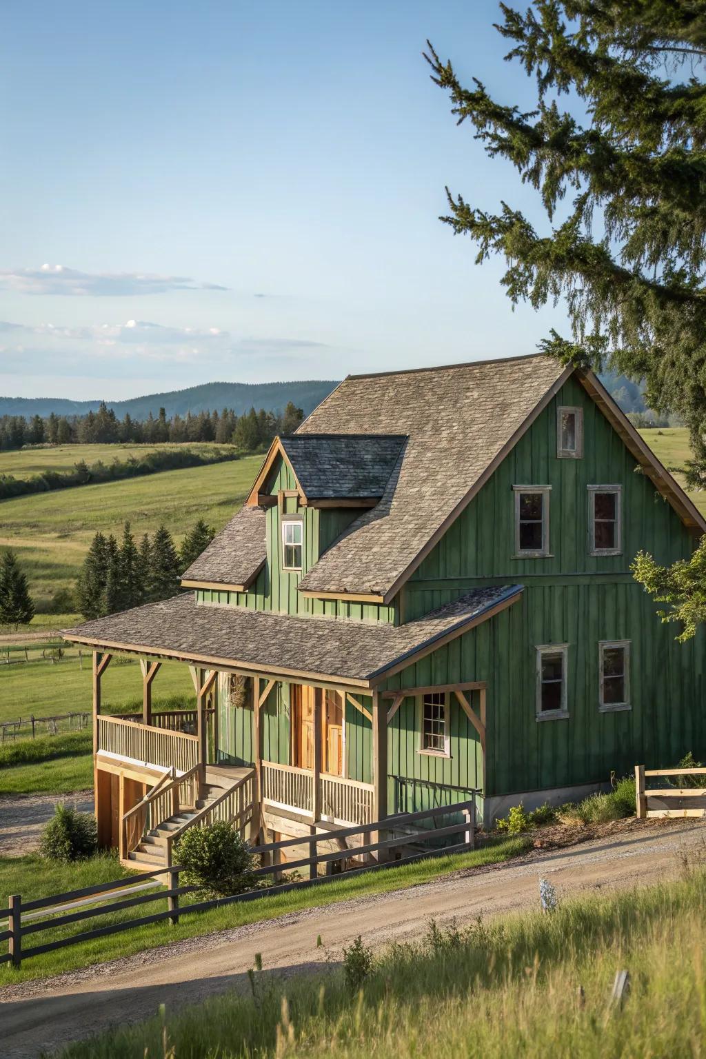 Rustic green enhances the charm of barn-style homes.