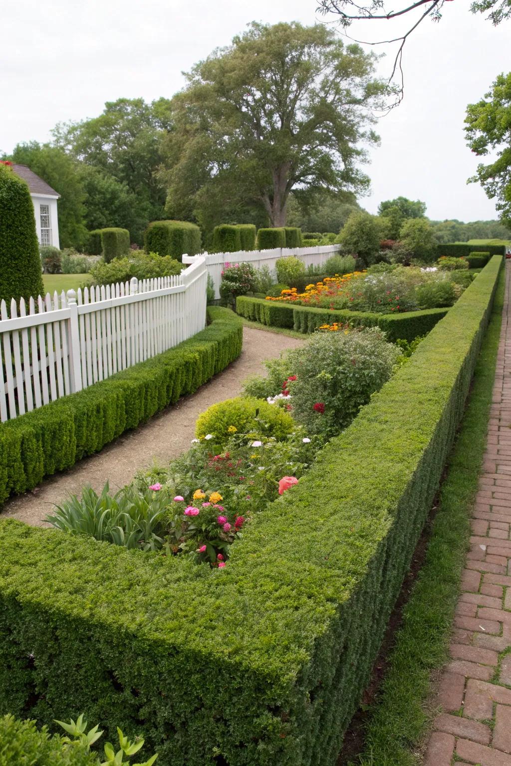 Manicured hedges provide structure and elegance.