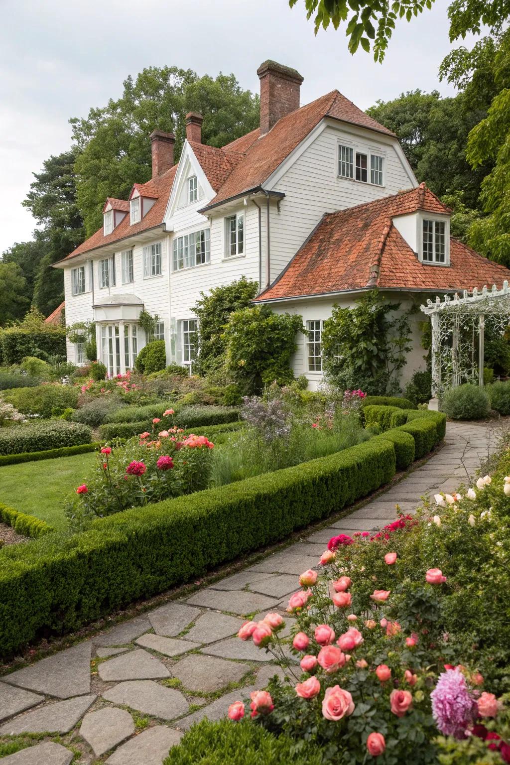 Gardens that echo the home's architecture create a cohesive look.