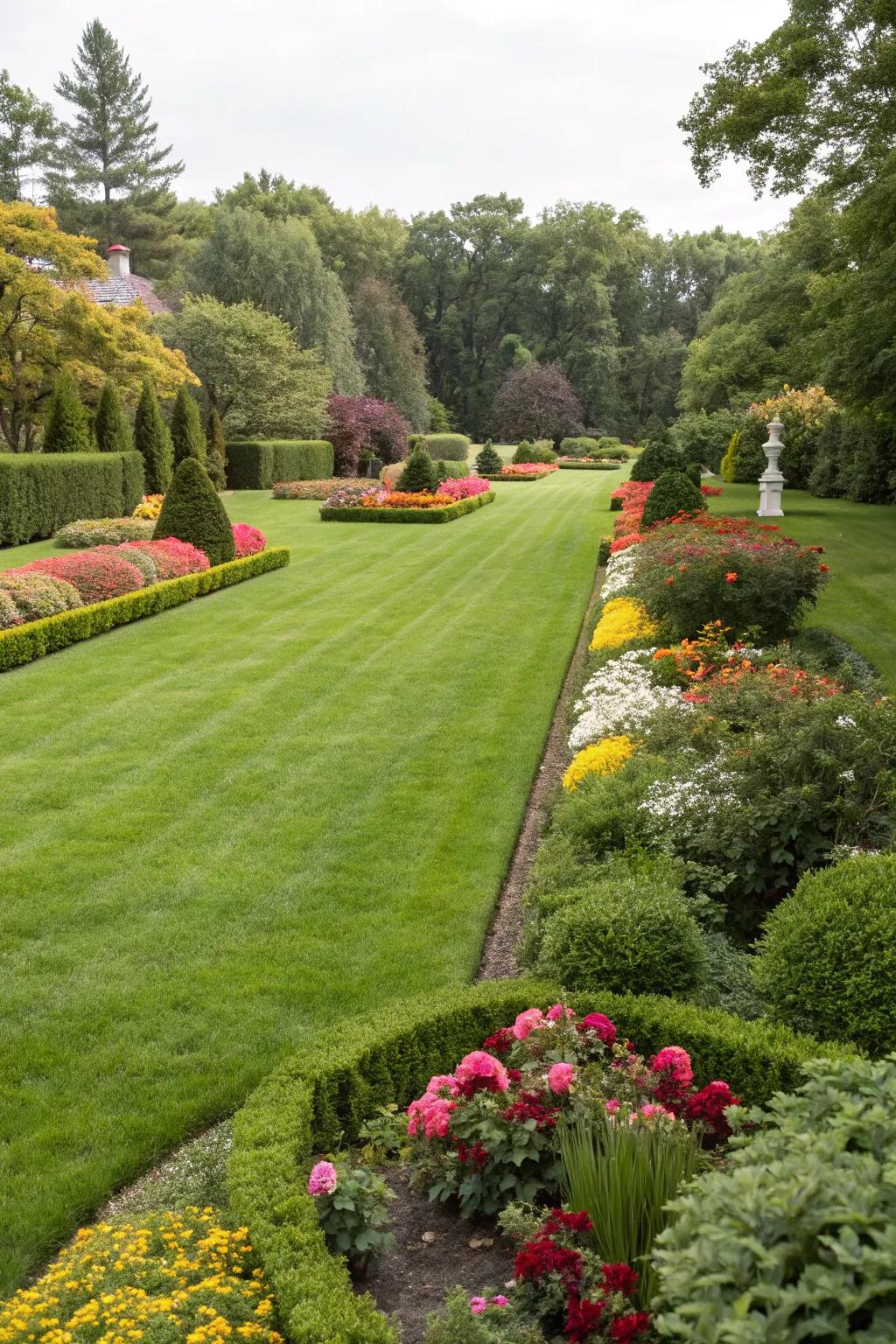 A lush green lawn that forms the heart of a traditional landscape.