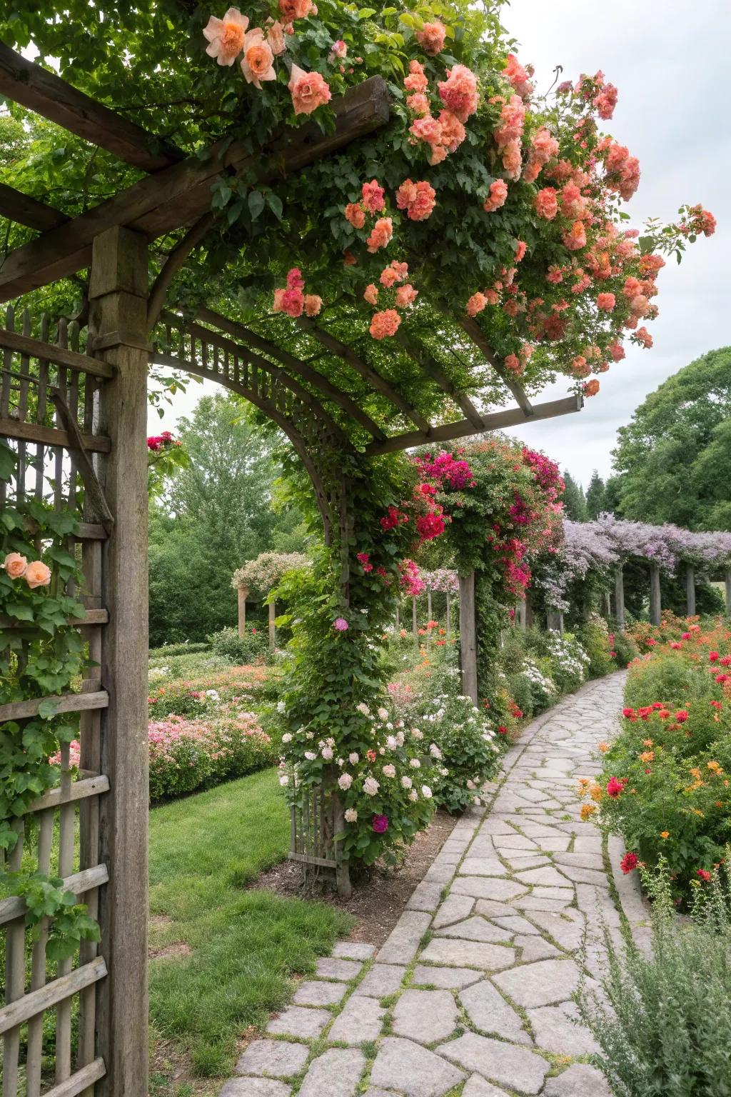 Trellises with climbing flowers add romance and height to gardens.