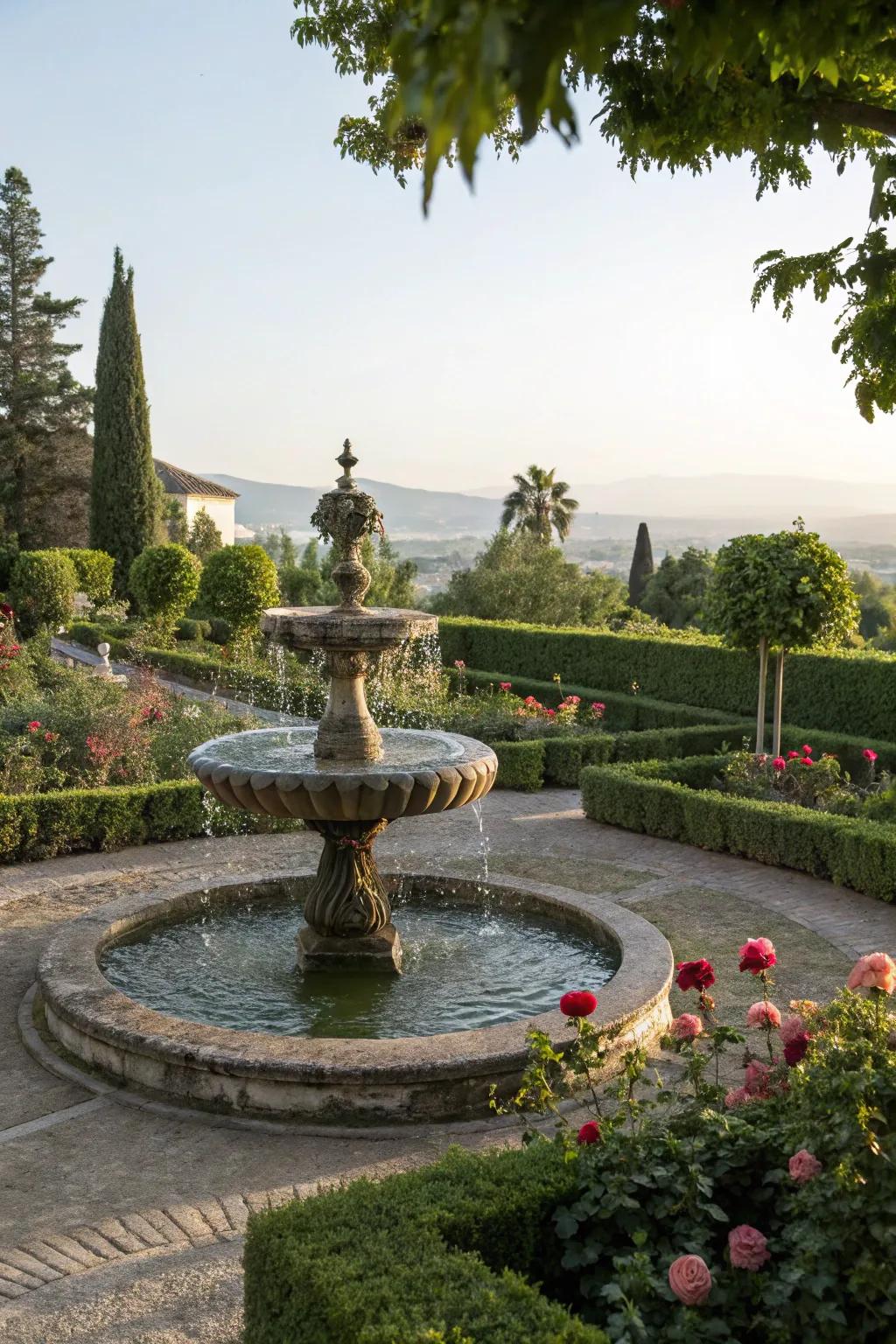 Fountains add tranquility and elegance to a garden setting.