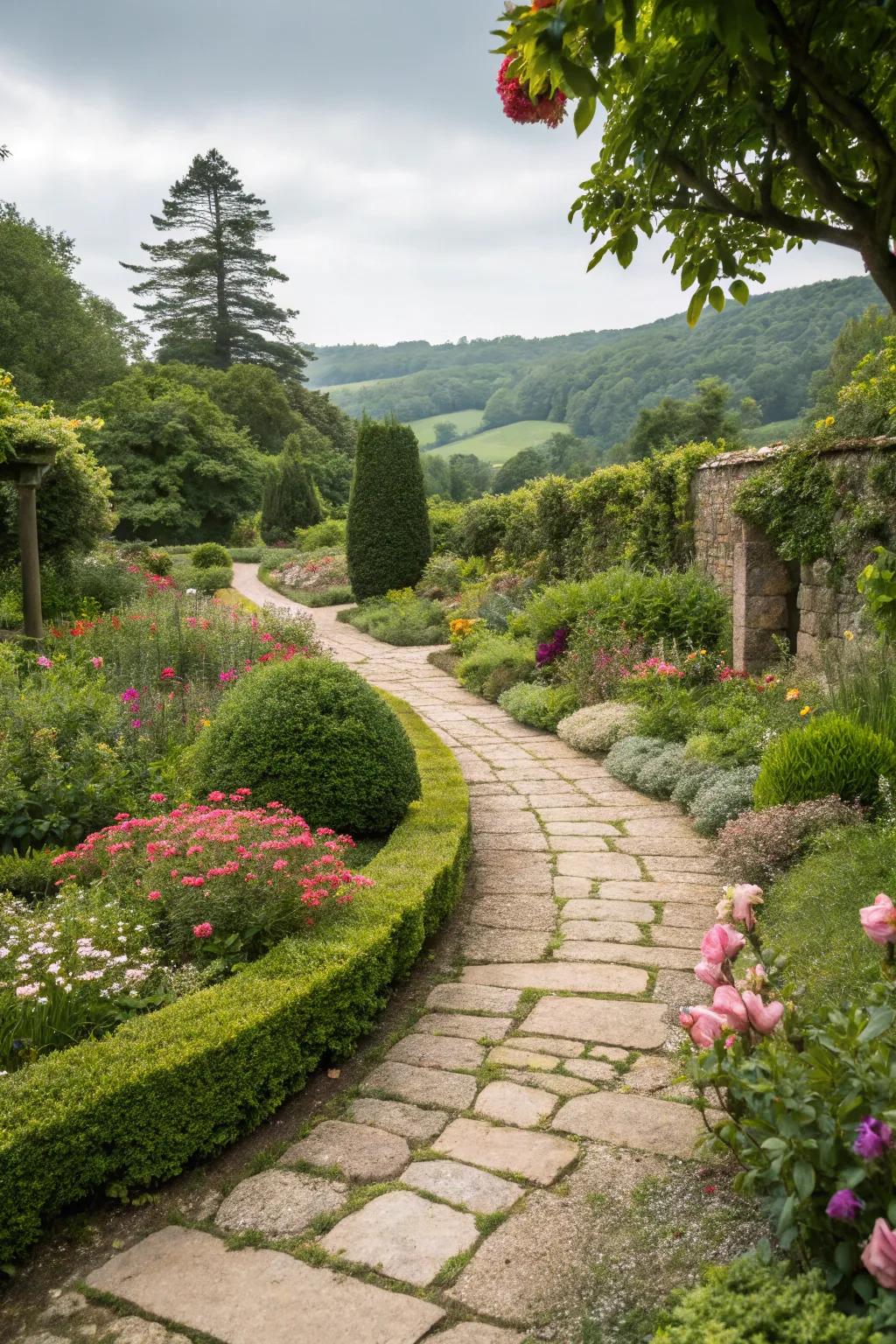 Stone pathways add structure and charm to traditional gardens.