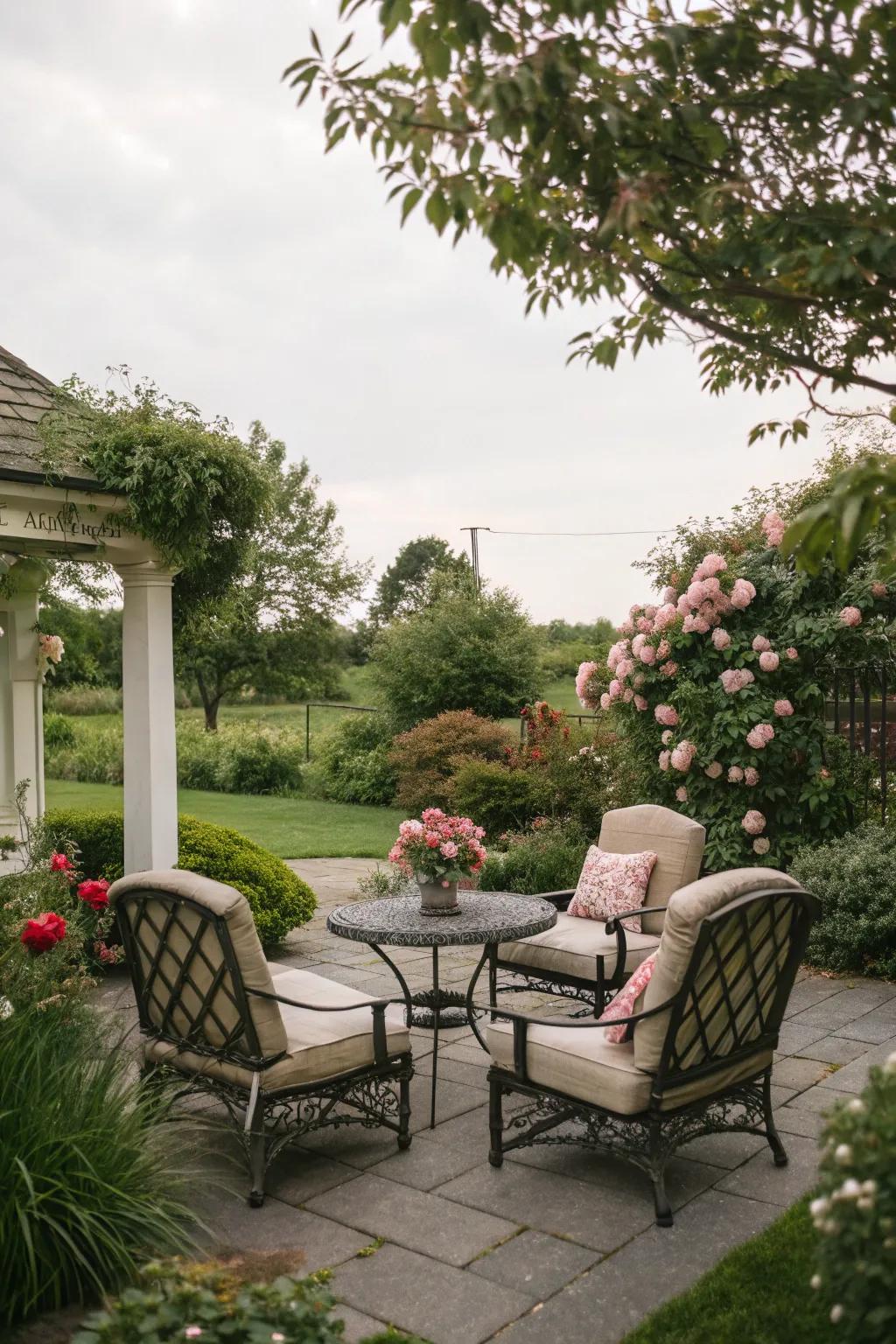 Outdoor seating areas make gardens inviting and cozy.