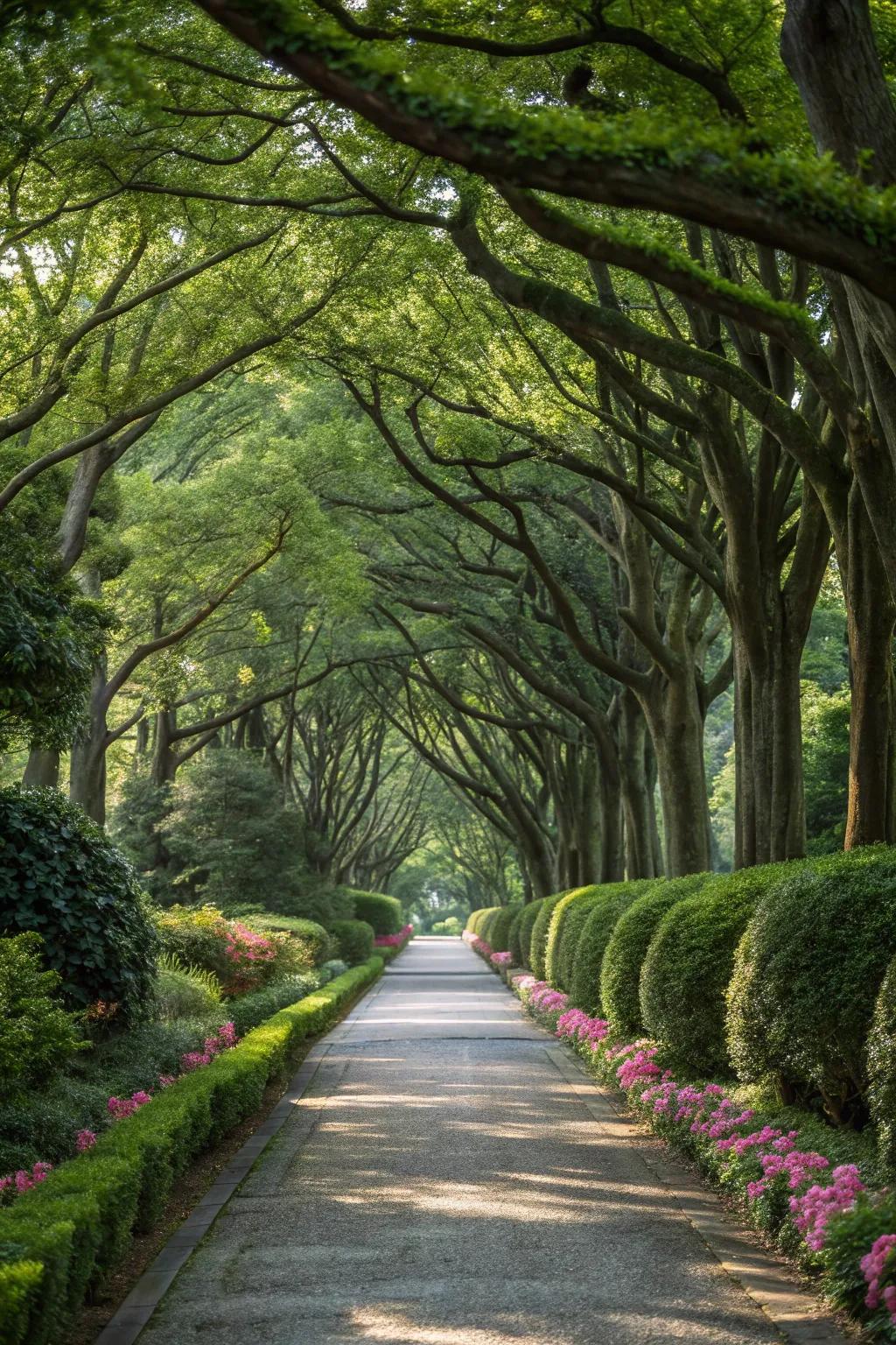 Tree-lined paths offer shade and an elegant garden feature.