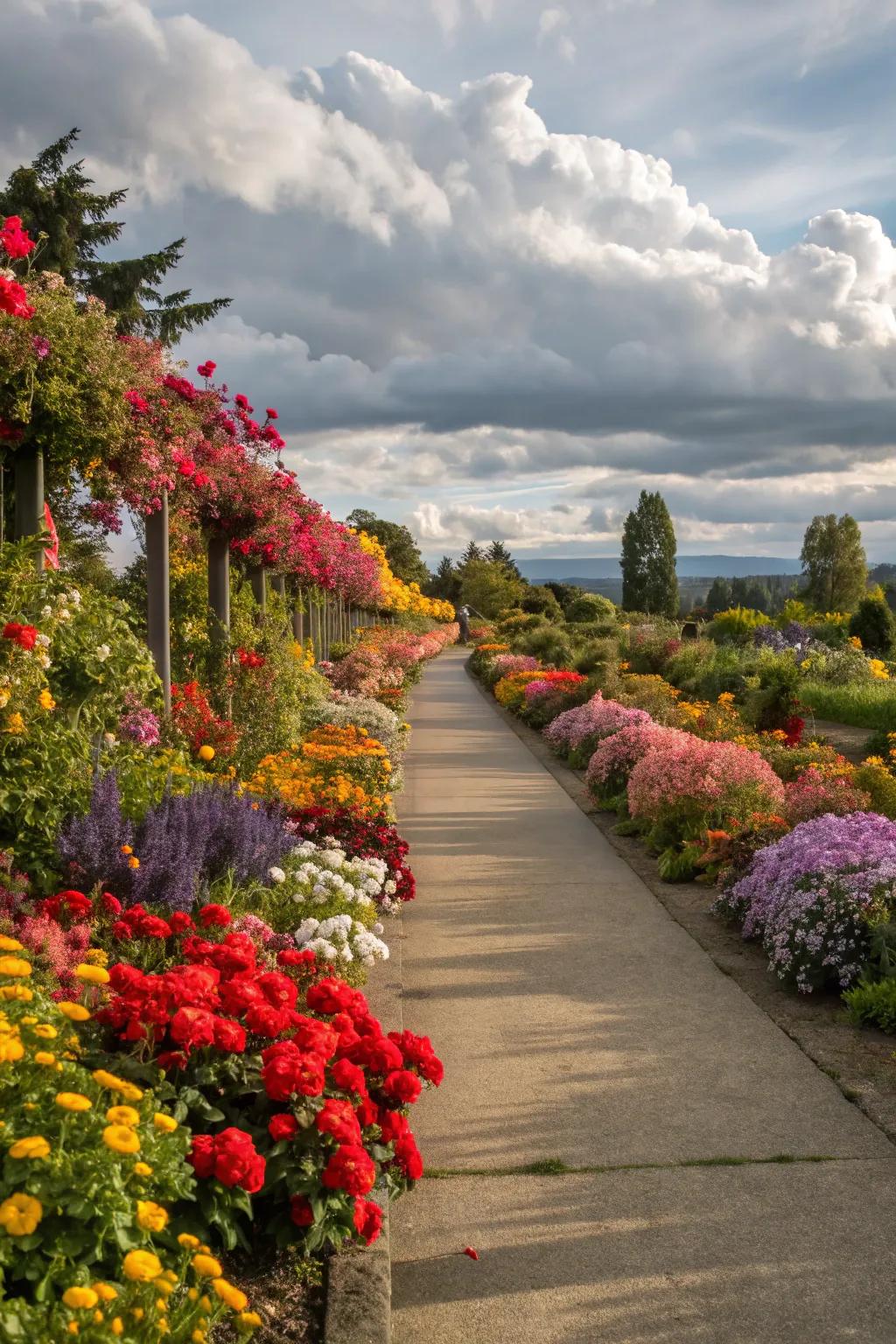 Bright flower beds infuse a traditional garden with vibrant color.