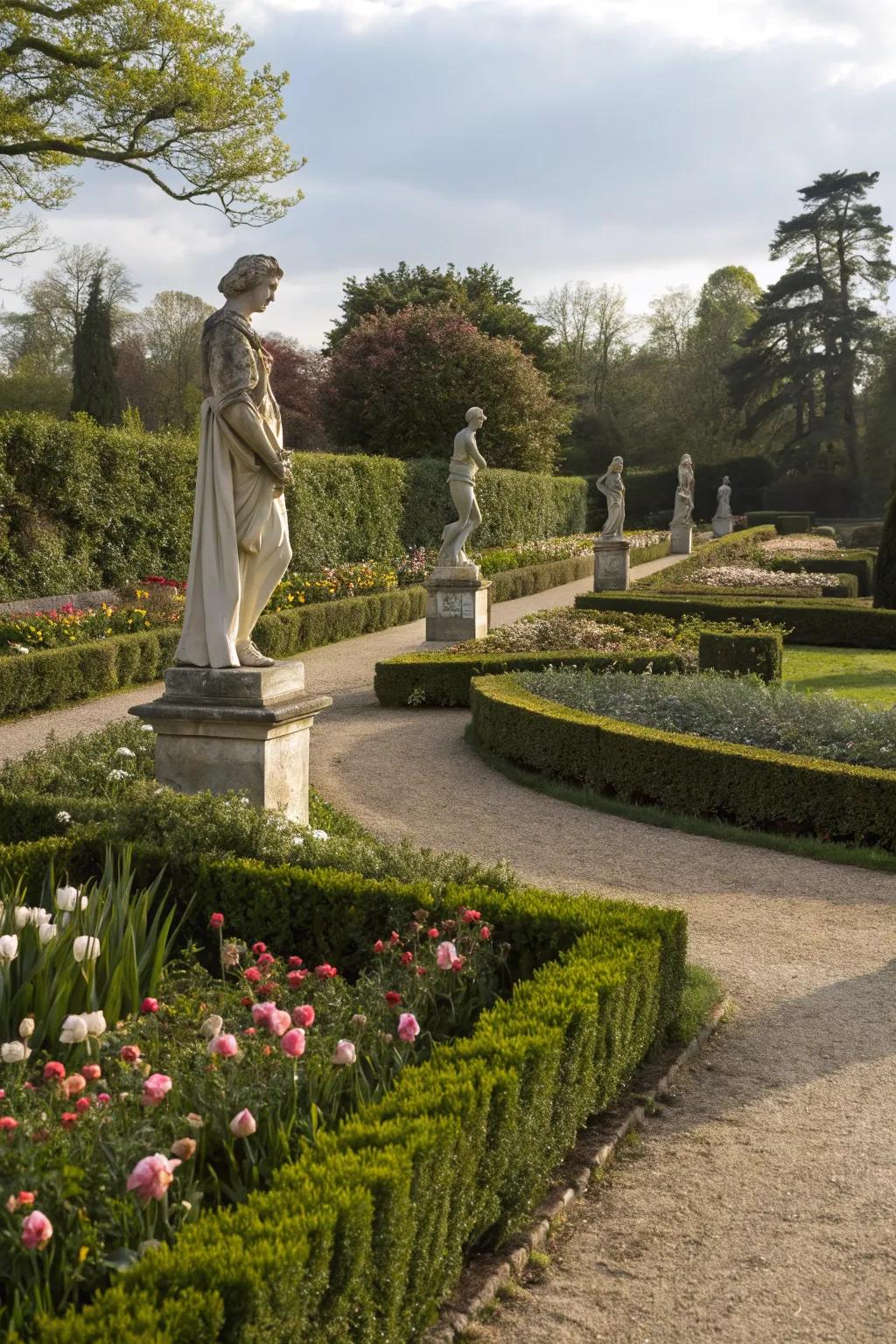 Garden statues introduce charm and character to landscapes.