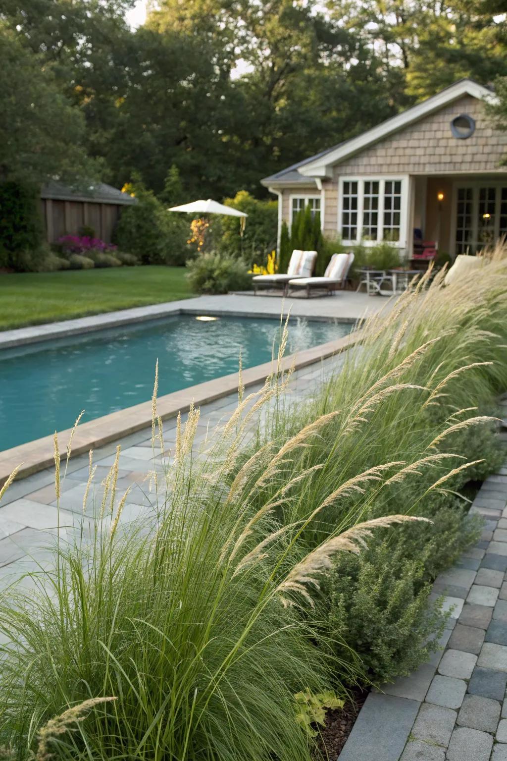 Create a serene poolside retreat with maiden grass.