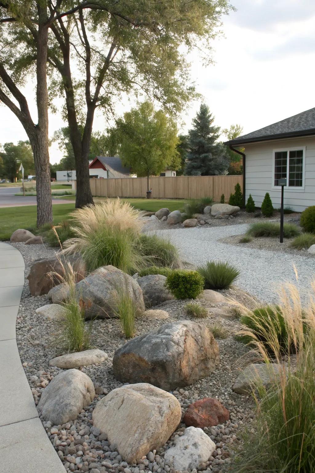 Add grace to your rock garden with the flowing form of maiden grass.