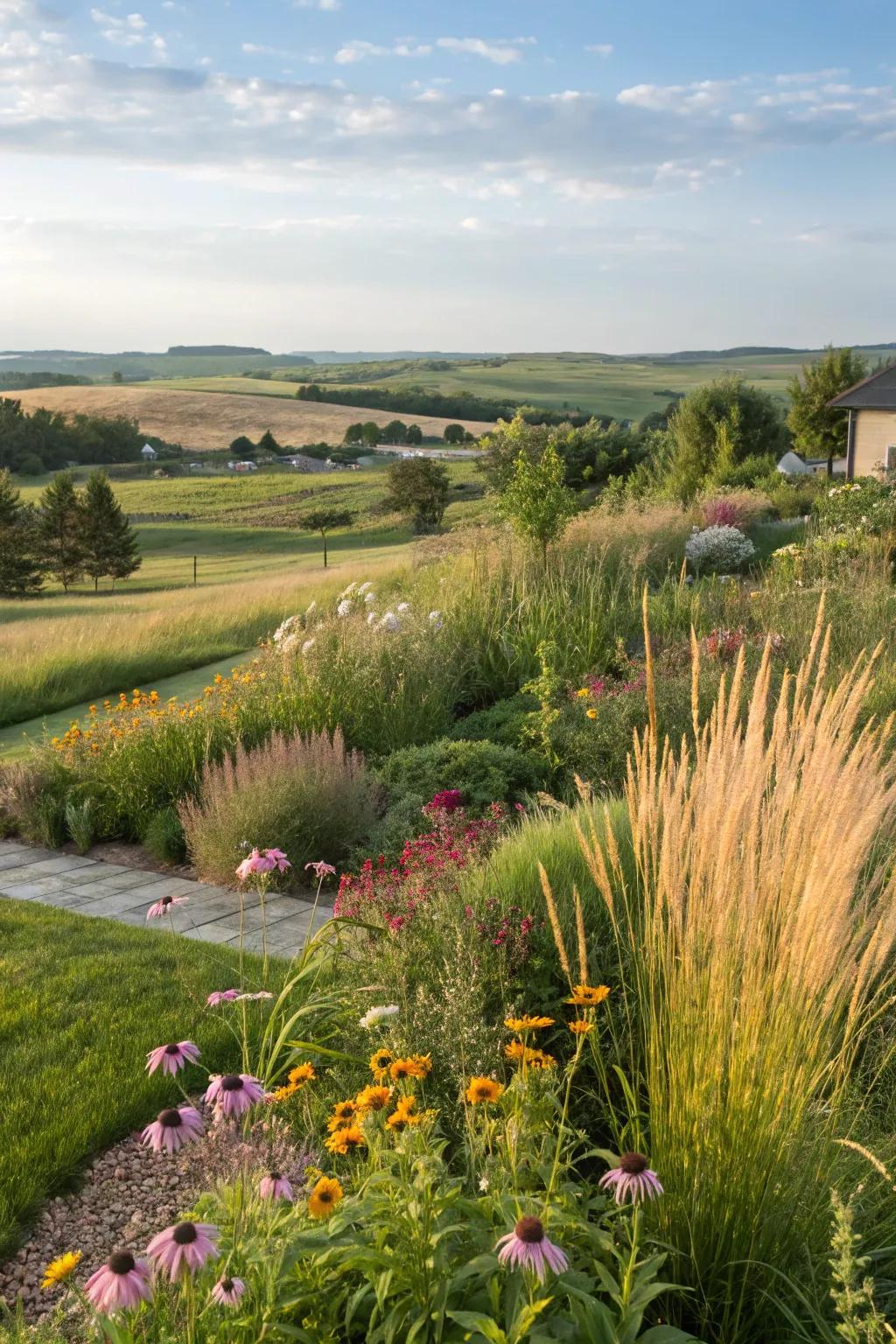 Capture the wild beauty of prairie gardens with maiden grass.
