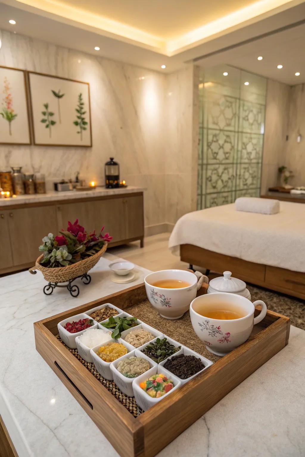 Tea stations add warmth and relaxation.