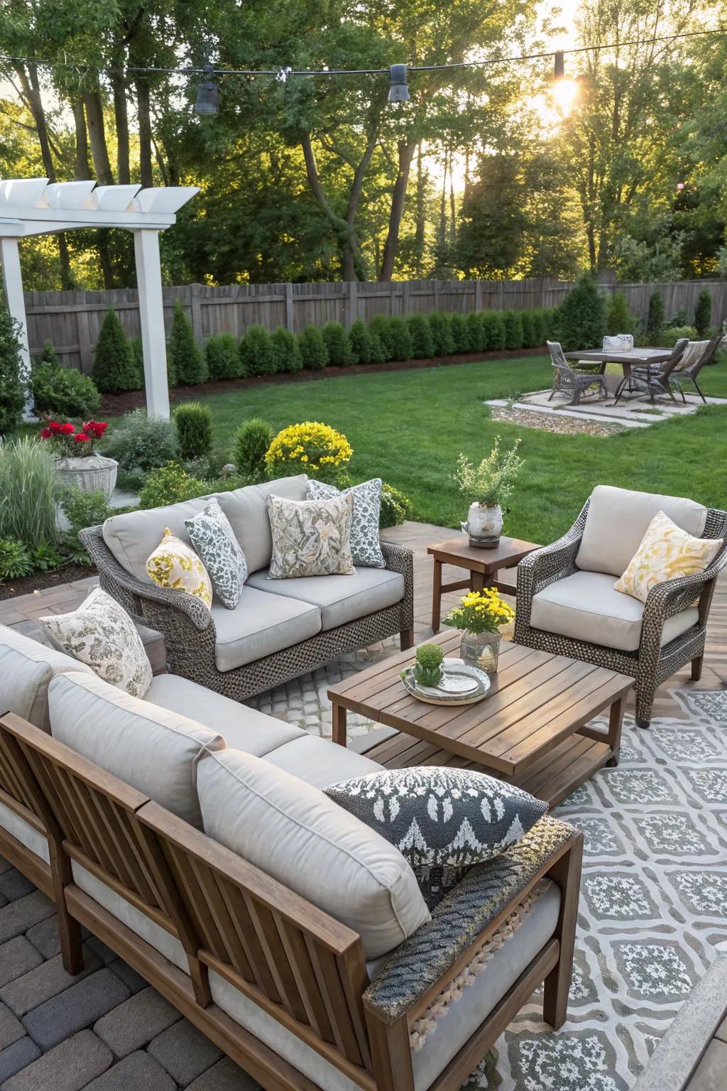 An inviting outdoor living room setup perfect for relaxation and gatherings.