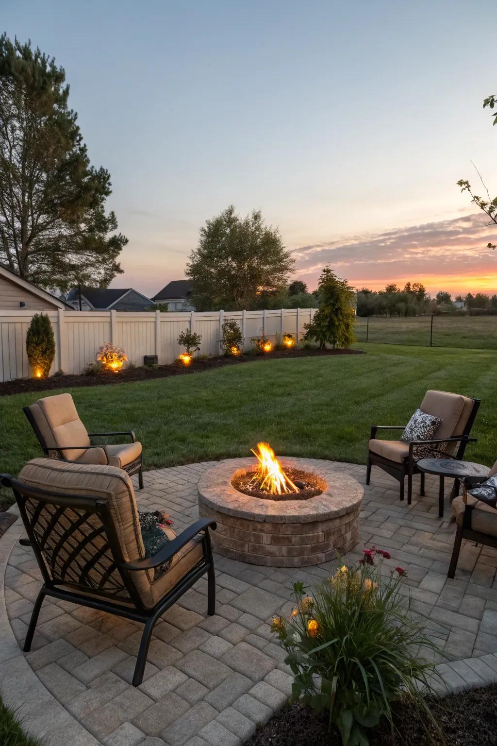 A cozy fire pit area invites warmth and conversation.