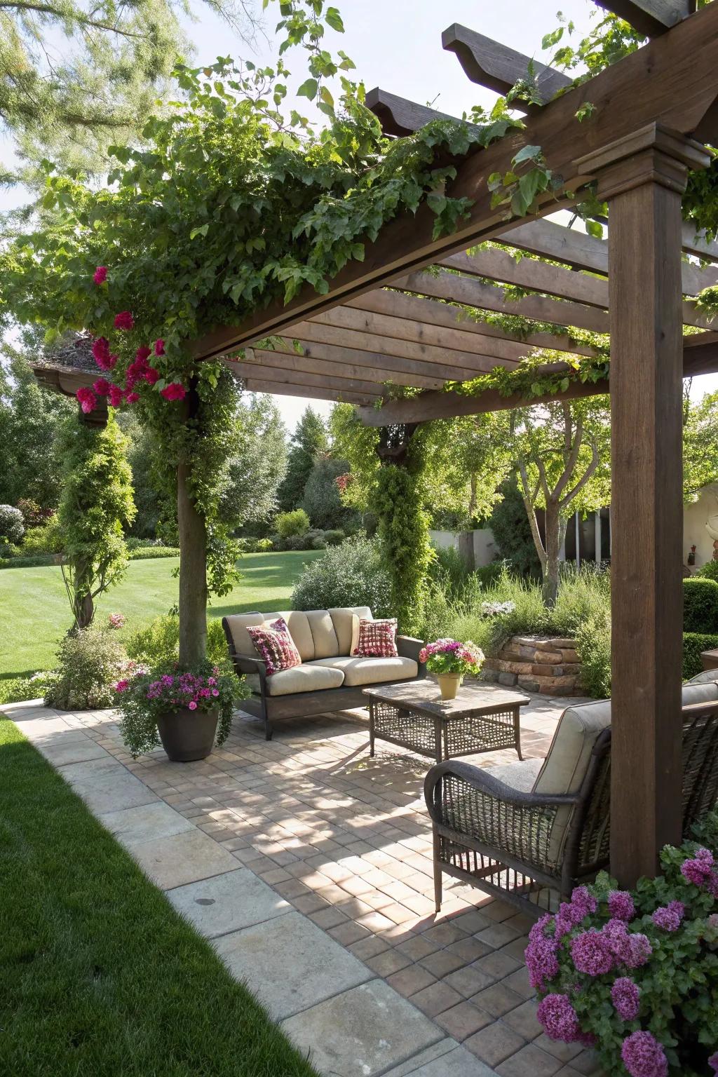 Shade solutions like pergolas enhance comfort and style.