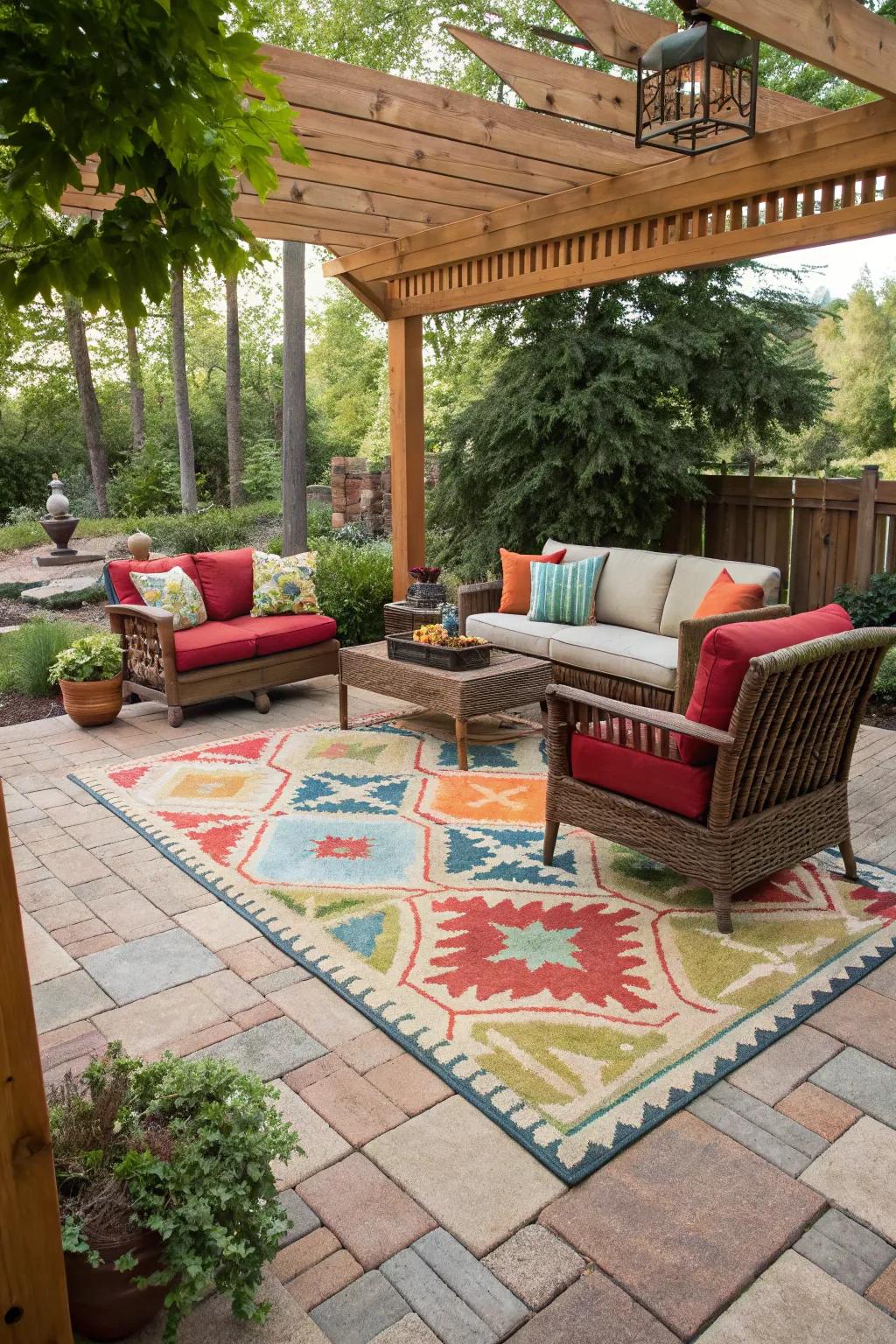 Outdoor rugs can transform a patio with color and style.