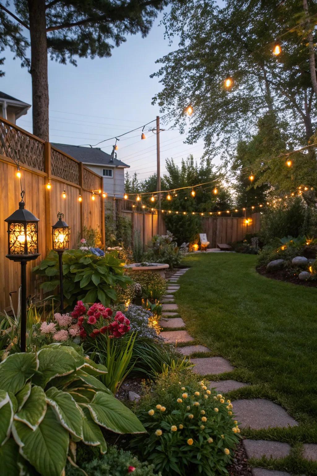 Mystical garden lighting adds an enchanting glow to your backyard.