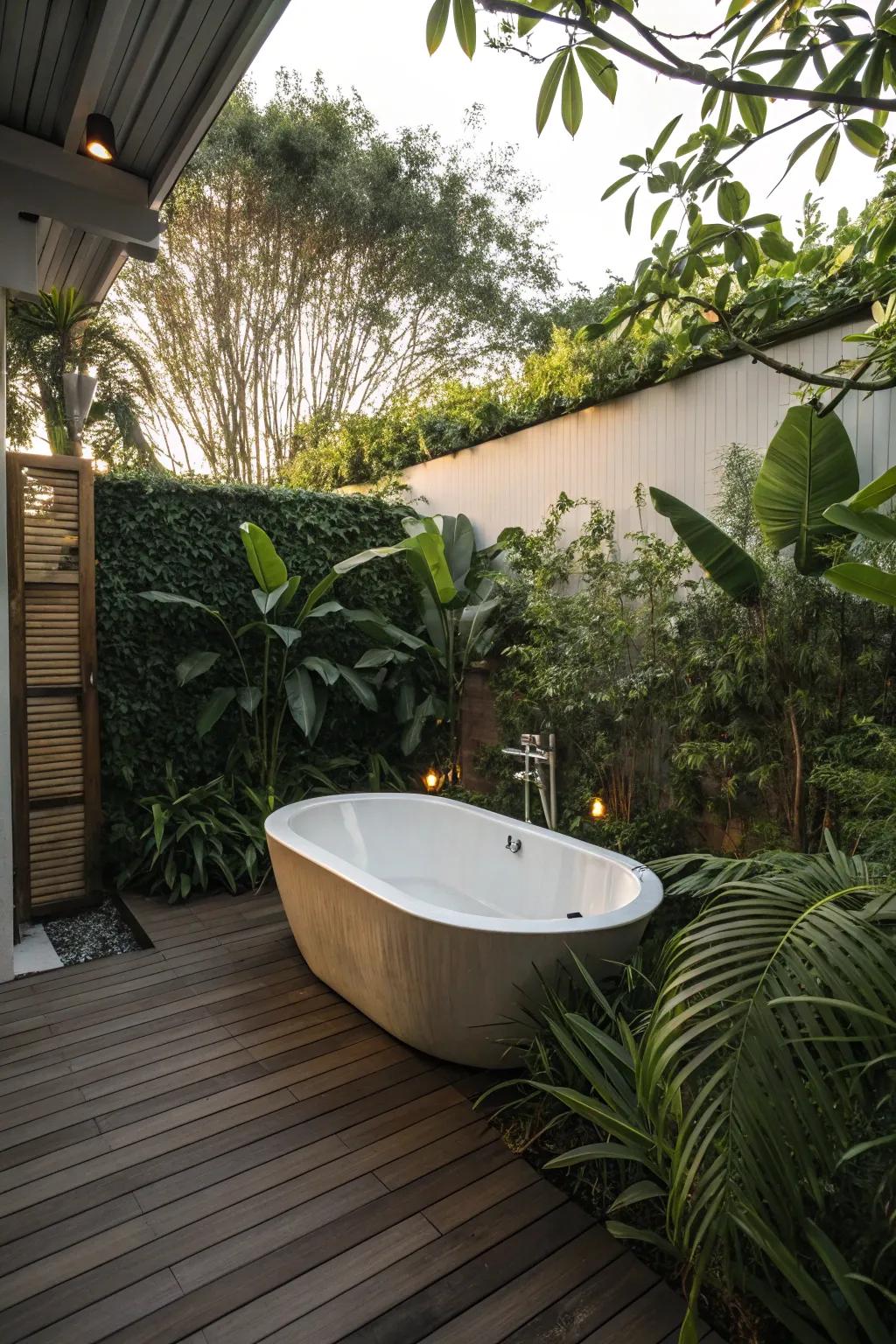 An outdoor bathtub offers a luxurious escape right in your backyard.