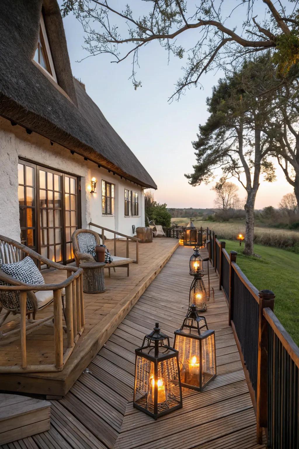 Lanterns offer warm, rustic lighting.