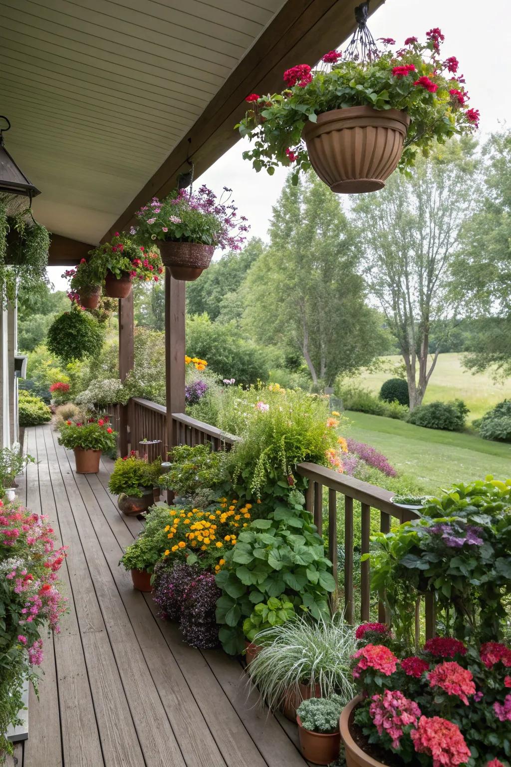 Lush greenery enhances the natural beauty of a farmhouse deck.