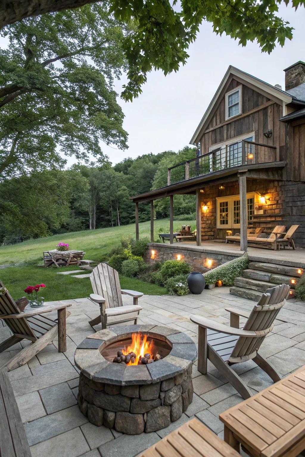 A stone fire pit adds warmth and a rustic touch.
