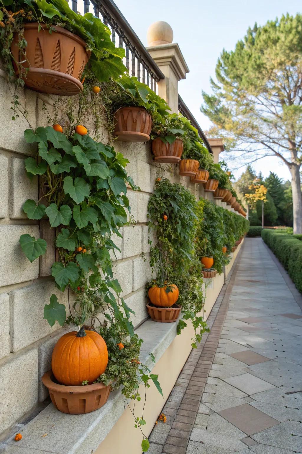 Wall planters: turning bare walls into lush pumpkin landscapes.