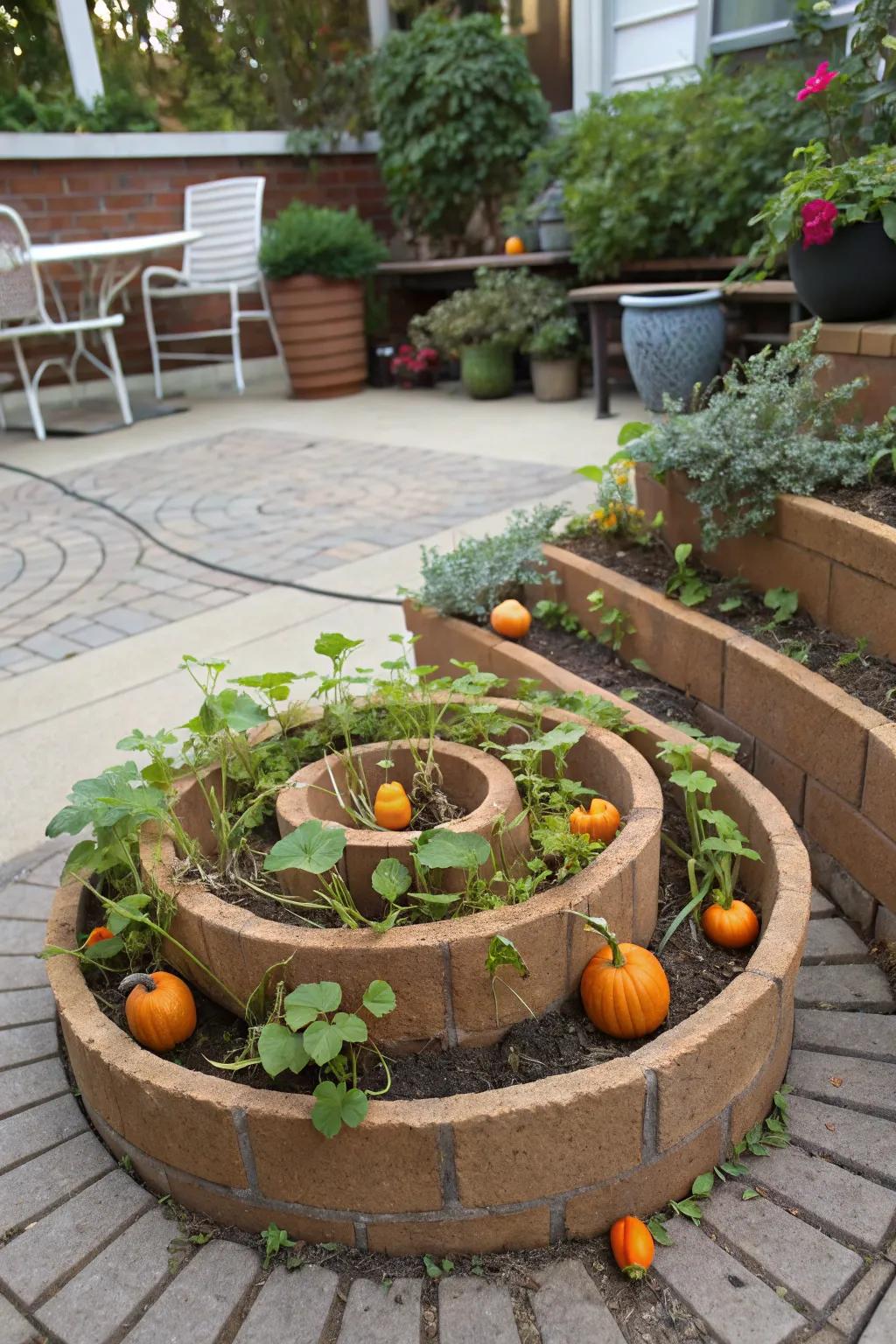 Spiral planters: adding a dynamic dimension to your pumpkin garden.