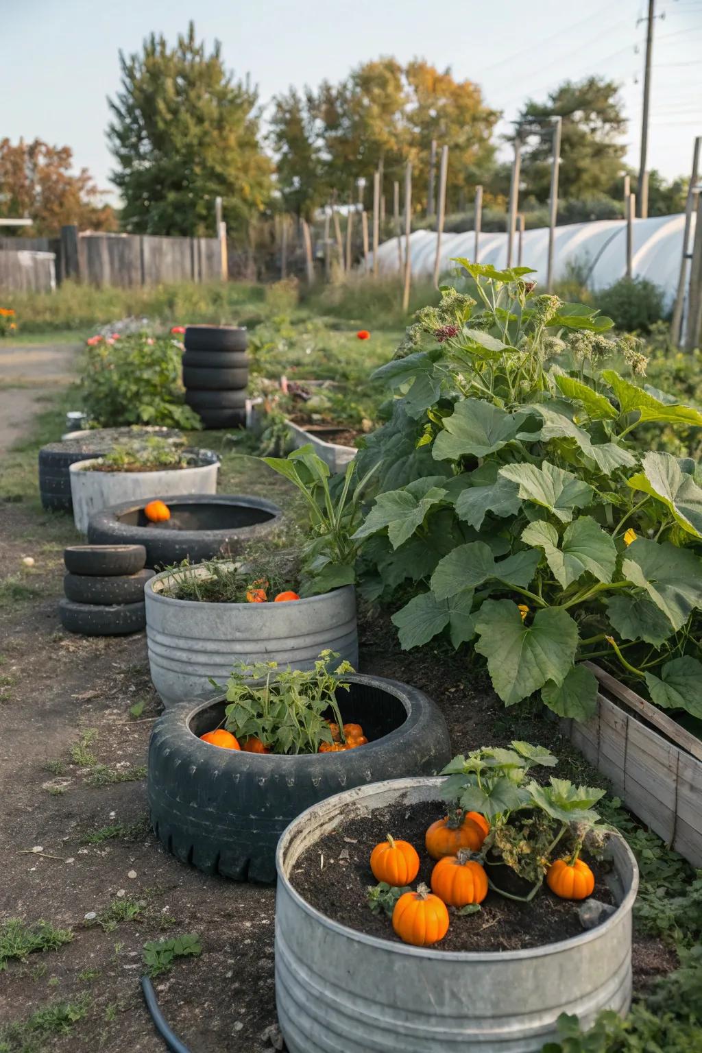 Recycled planters: turning sustainability into a pumpkin-growing opportunity.
