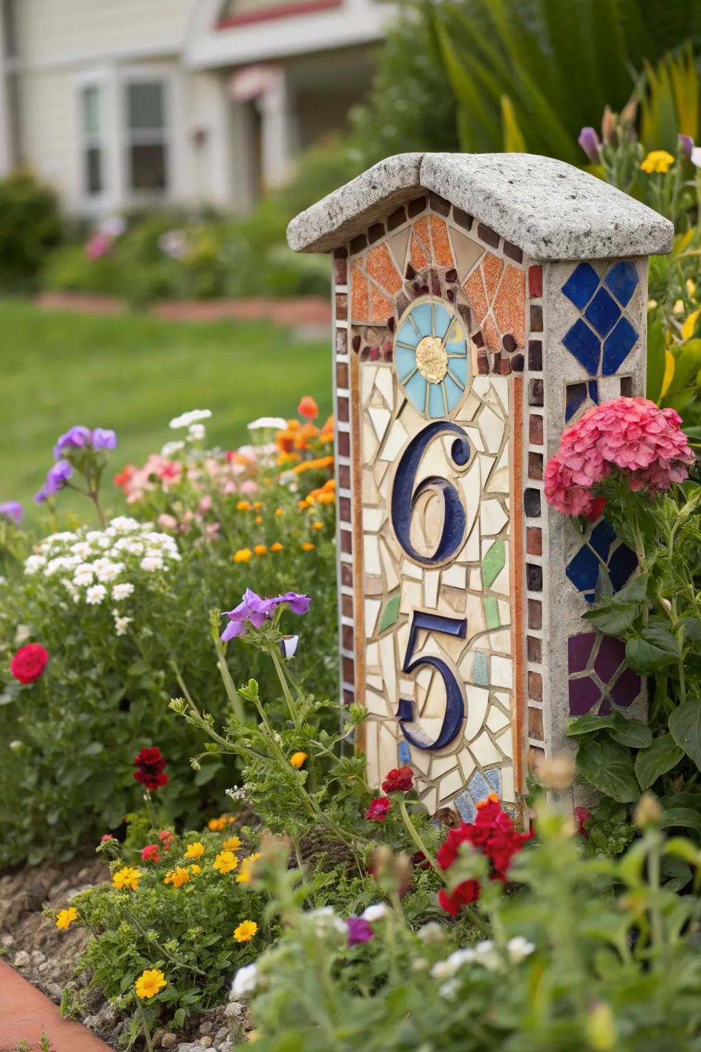 A mosaic sign adds artistic flair to your house number display.