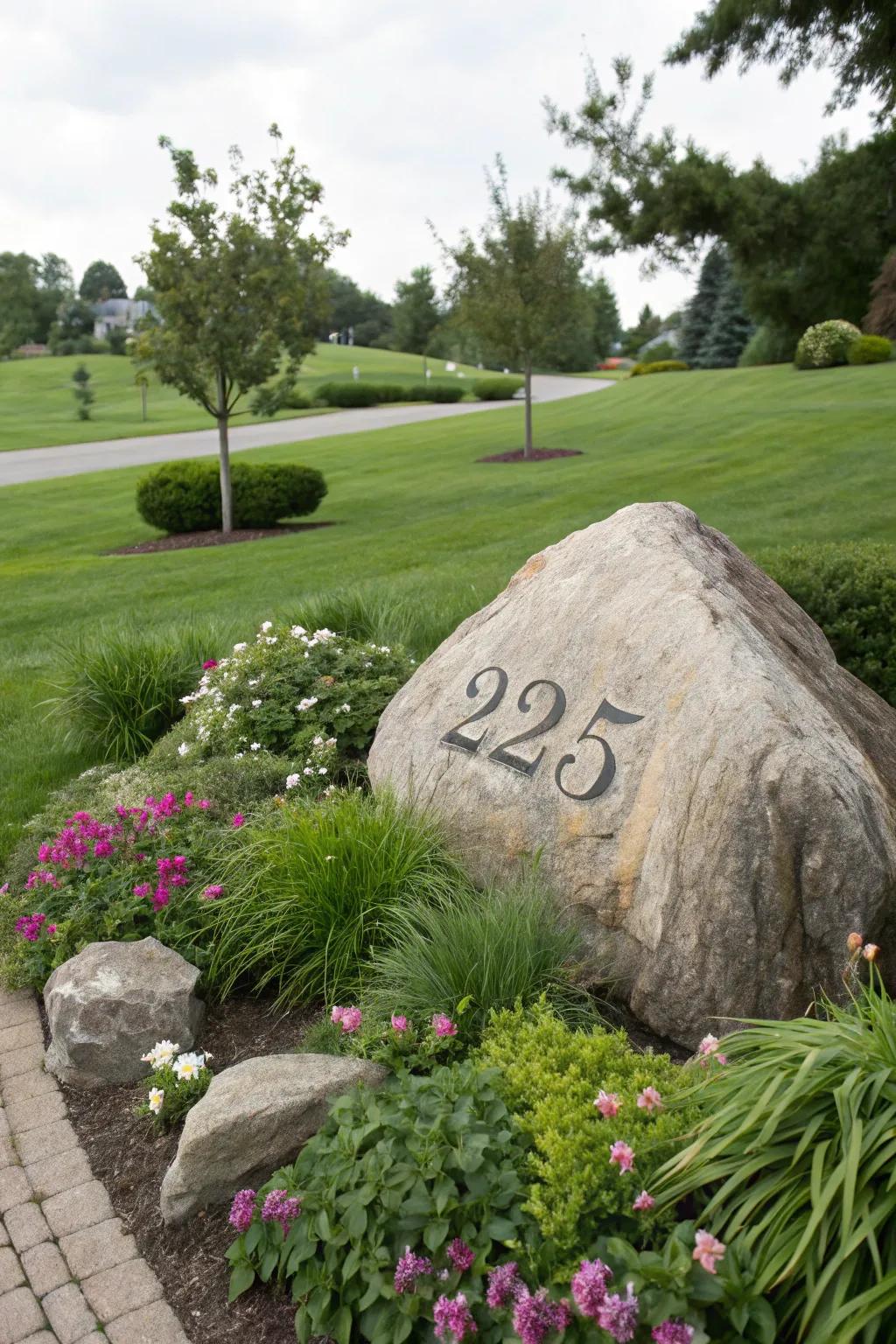 Engraved rocks offer a natural and elegant touch to your yard.