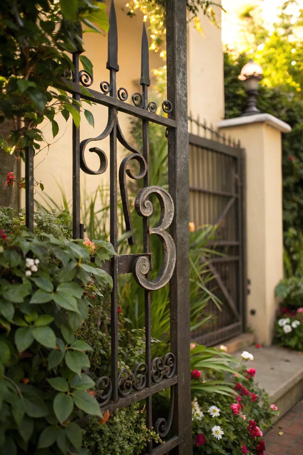 Wrought iron numbers add timeless elegance to your garden entrance.