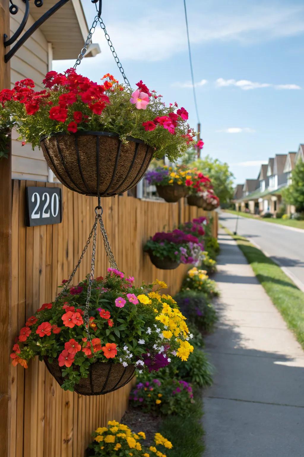 Hanging baskets offer a whimsical and floral house number display.