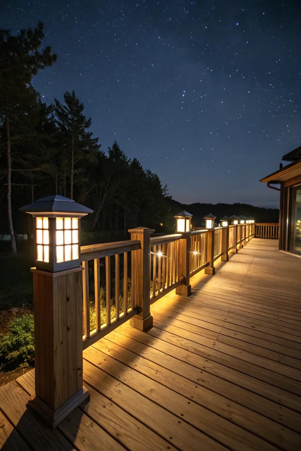 Post lights add definition and warmth to the deck space.
