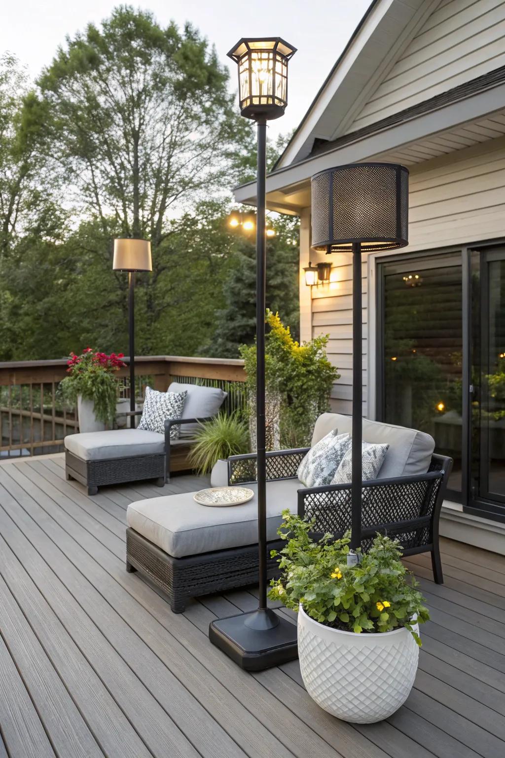 Floor lamps can be stylish focal points on your deck.