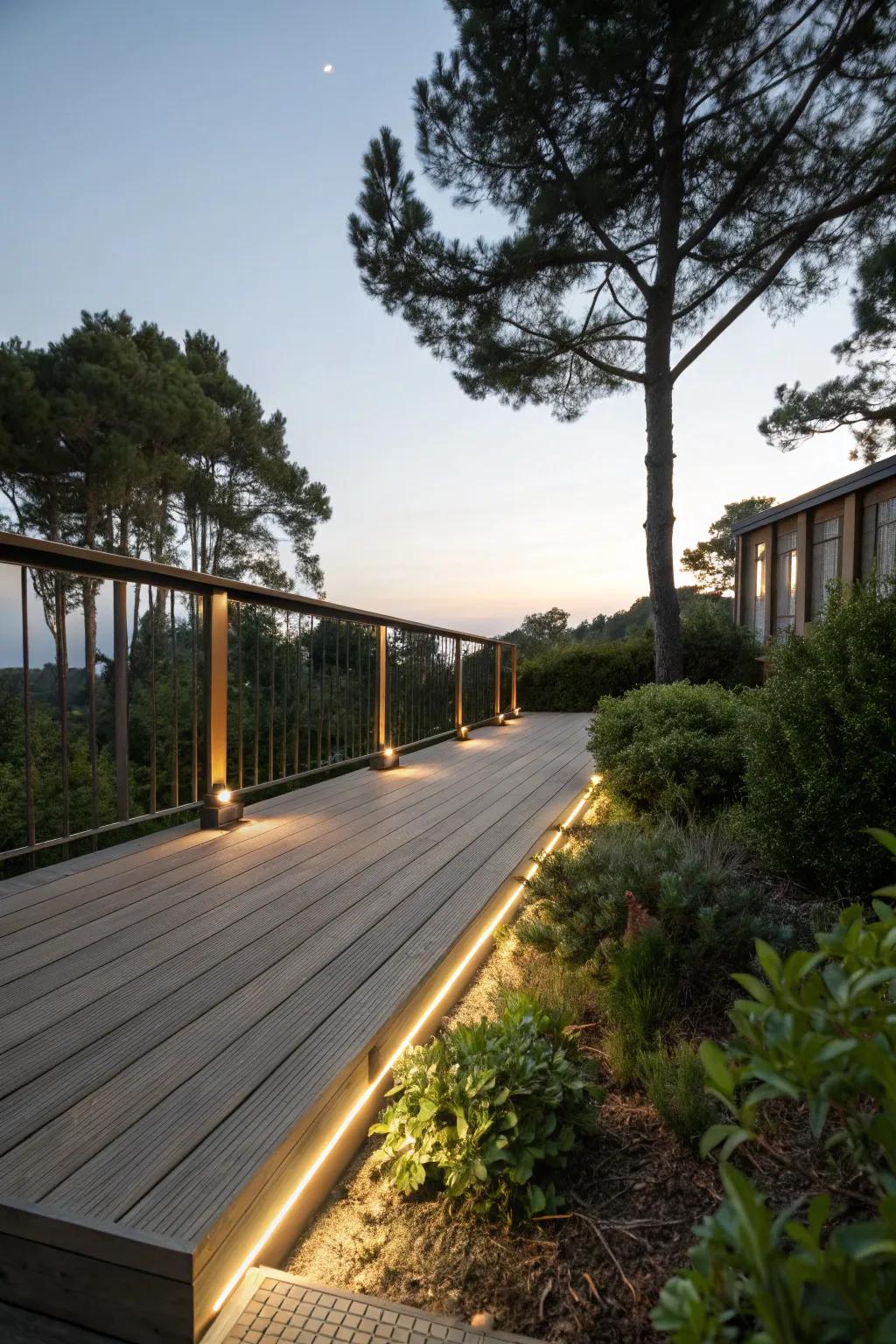 Under-rail lighting adds subtle elegance and safety.