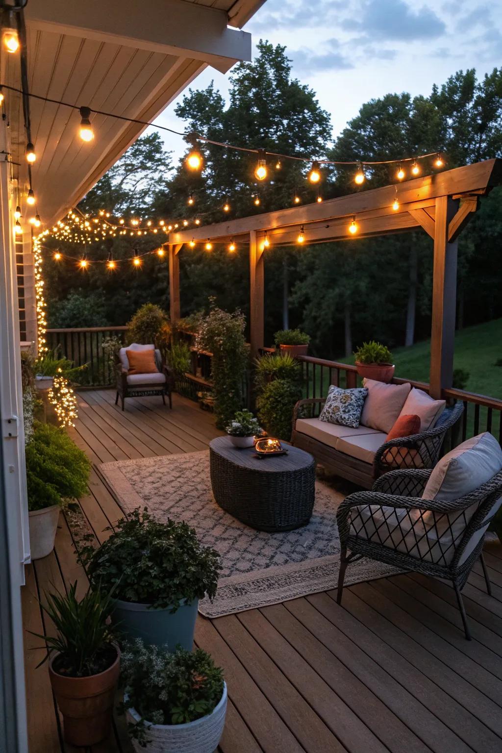 Mix different lighting styles for a personalized deck ambiance.
