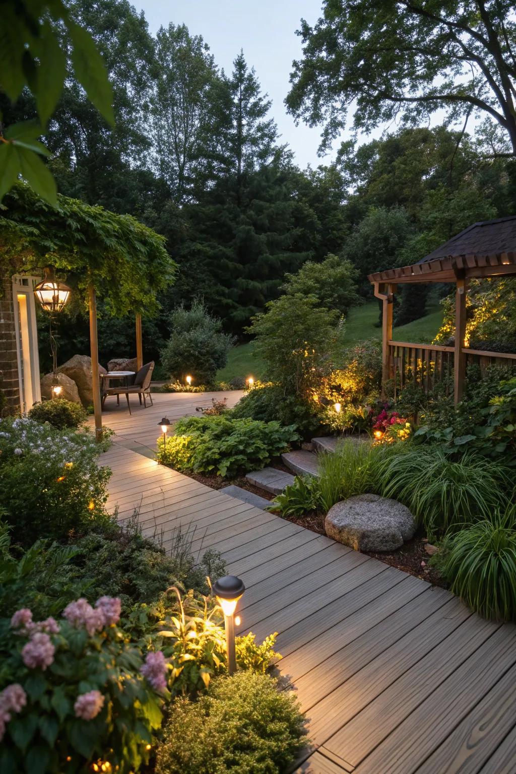 Landscape lighting complements deck lights for a cohesive look.