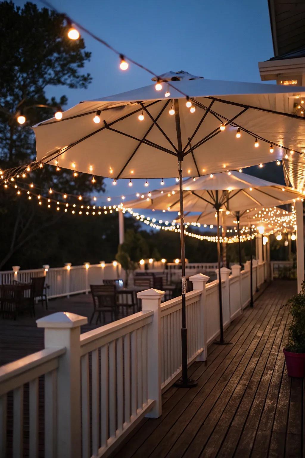 String lights around umbrellas add festive charm to the deck.