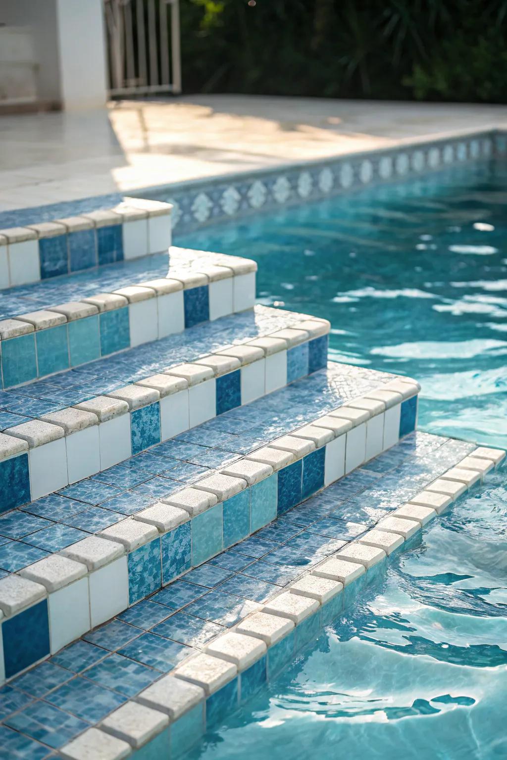Ocean hues add a refreshing touch to pool steps.